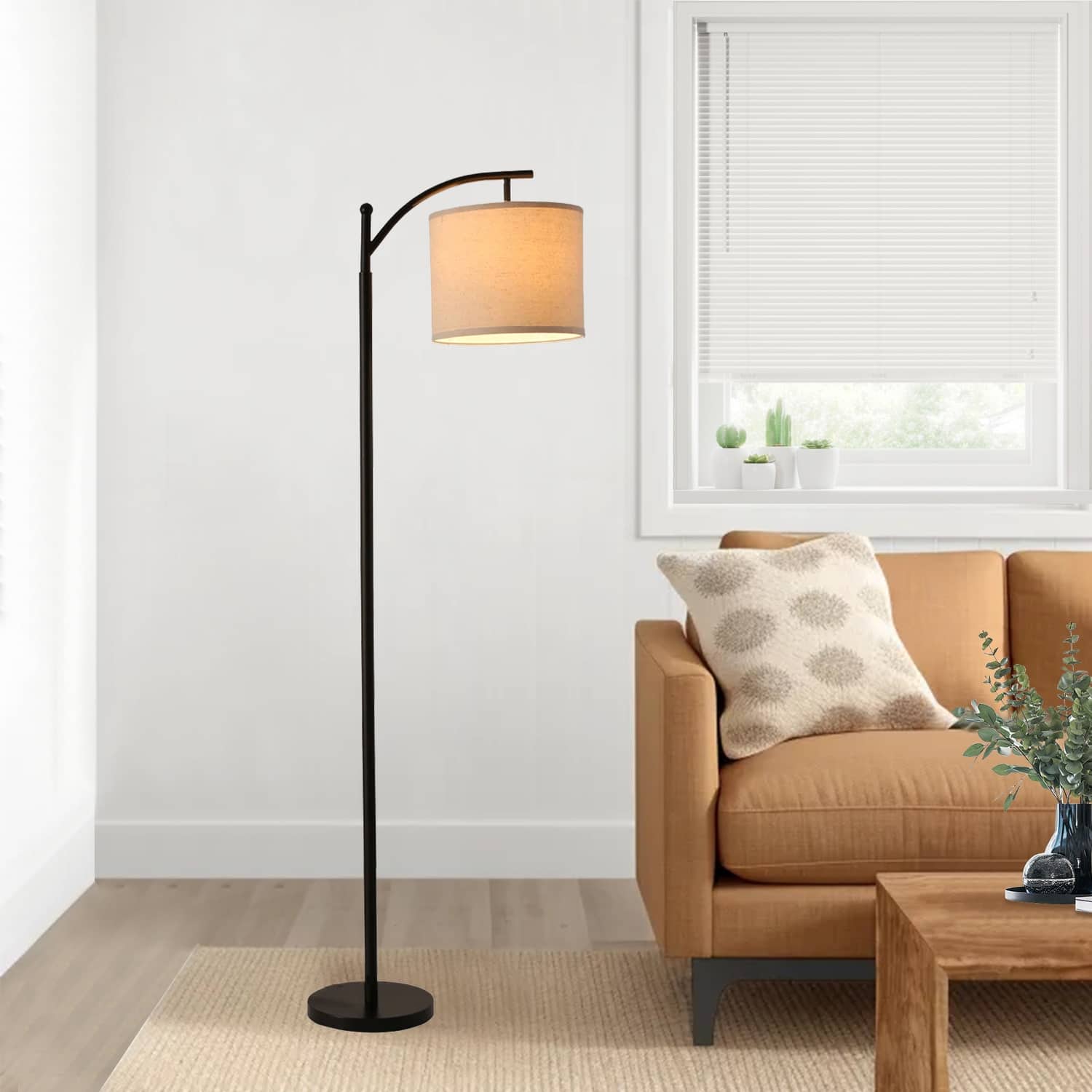 62" Arched Floor Lamp Beige Fabric Lamp Shade for Living Room - On Sale ...